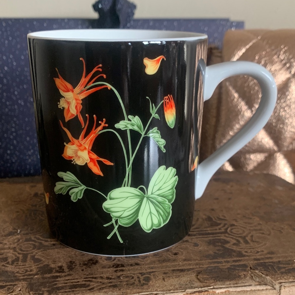 Tiffany & Co. Black Mug with Orange and Green wildflowers 2005 Design